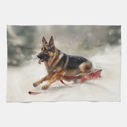 ジャーマンシェパード クリスマス 雪 冬 キッチンタオル (横)
