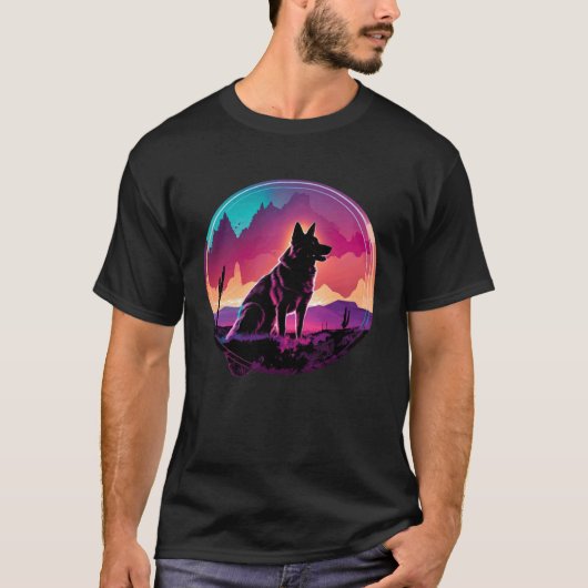 ジャーマンシェパード シンセウェーブ 80年代 レトロ Tシャツ (正面)