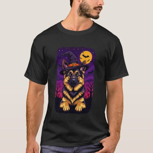 ジャーマンシェパード ハロウィン 魔女の帽子 Tシャツ (正面)