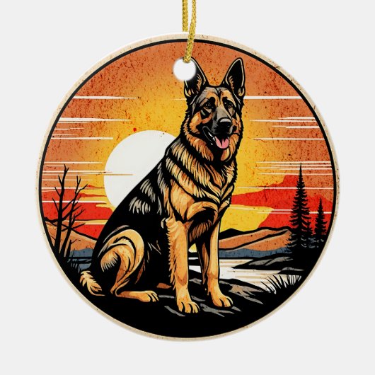 ジャーマンシェパード レトロな夕日 愛犬家 セラミックオーナメント (正面)