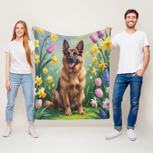 ジャーマンシェパード 春の花の絵画 フリースブランケット (インサイチュ)