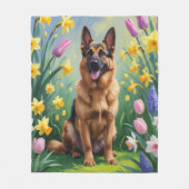 ジャーマンシェパード 春の花の絵画 フリースブランケット (正面)