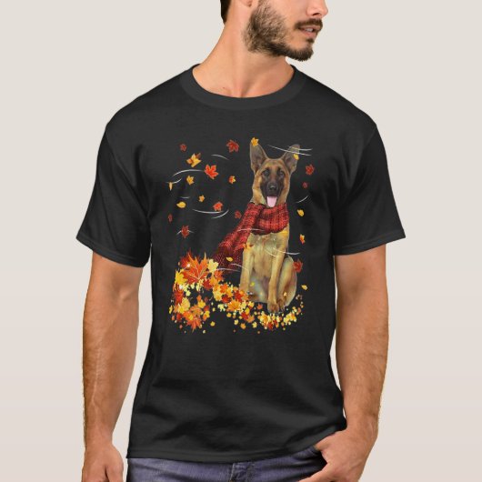 ジャーマンシェパード 秋のスカーフ 犬 紅葉 Tシャツ (正面)