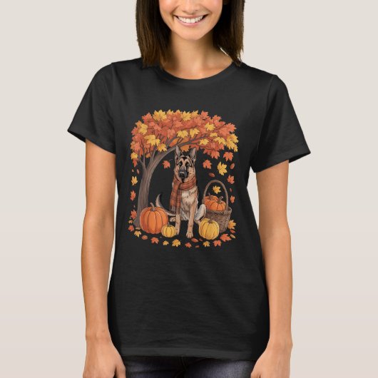 ジャーマンシェパード 秋のマフラー かぼちゃ 紅葉 より Tシャツ (正面)