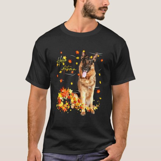 ジャーマンシェパード 紅葉 秋の始まり 愛犬 Tシャツ (正面)