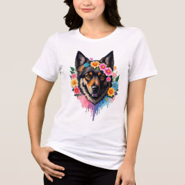 ジャーマンシェパード+野の花+花冠+花+犬 トライブレンドTシャツ