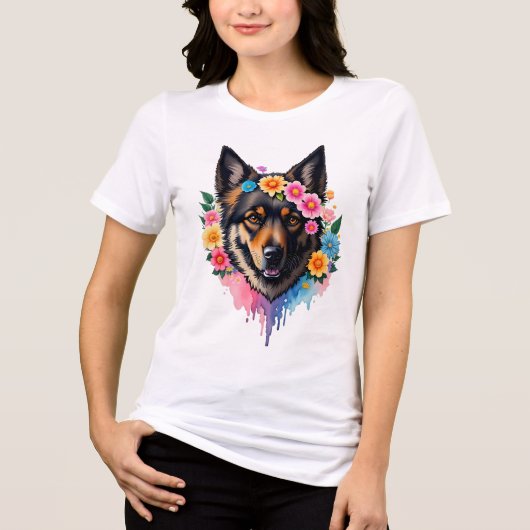ジャーマンシェパード+野の花+花冠+花+犬 トライブレンドTシャツ (正面)