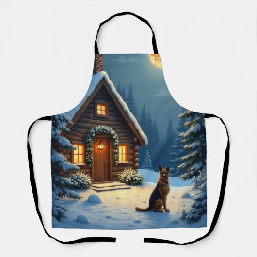 ジャーマンシェパード 雪の森の小屋 クリスマス絵画 エプロン (正面)