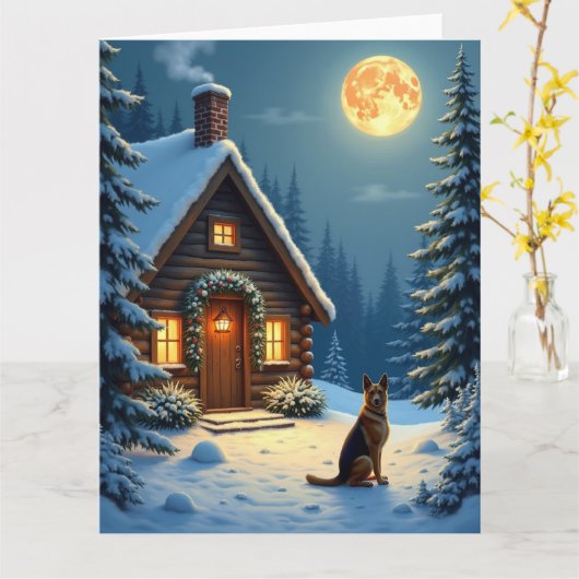 ジャーマンシェパード 雪の森の小屋 クリスマス絵画 カード (黄色い花)