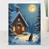 ジャーマンシェパード 雪の森の小屋 クリスマス絵画 カード (正面)