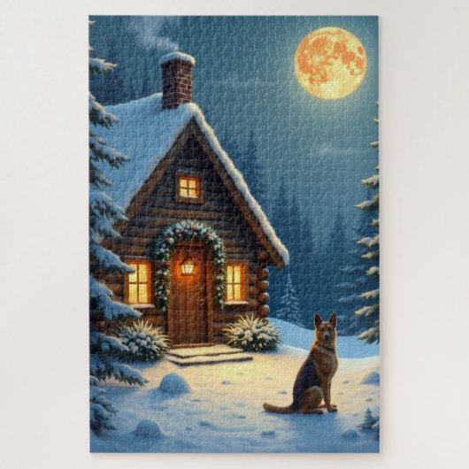 ジャーマンシェパード 雪の森の小屋 クリスマス絵画 ジグソーパズル (縦)