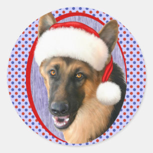 ジャーマン・シェパードのクリスマスのサンタの帽子 ラウンドシール