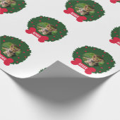 ジャーマン・シェパードのクリスマスのリース犬の写真の名前 ラッピングペーパー (角)