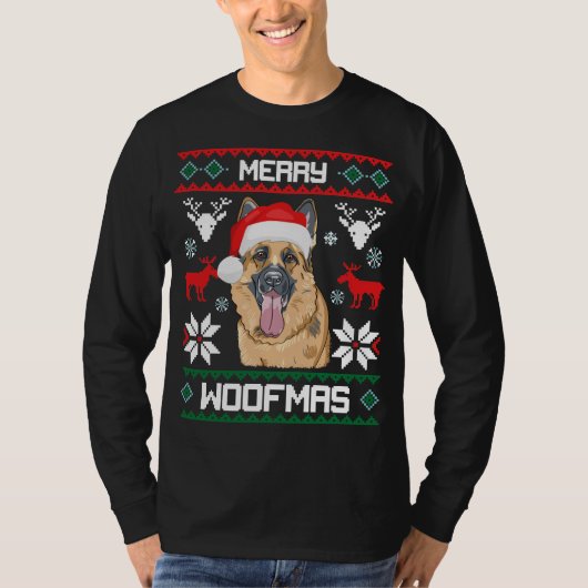 ジャーマン・シェパード犬のメリーなWoofmasのクリスマスのギフト Tシャツ (正面)