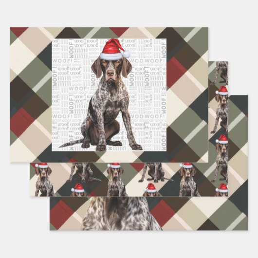 ジャーマン・ショートヘアード・ポインター クリスマス犬のチェック柄 ラッピングペーパーシート (セット)