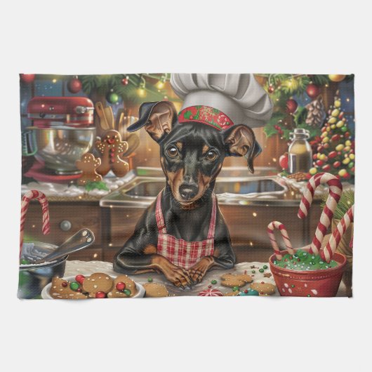 ジャーマン・ピンシャーのお祭りクリスマスお菓子作り キッチンタオル (横)