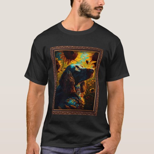 ジャーマン・ロングヘアード・ポインター ひまわりの絵 Tシャツ (正面)