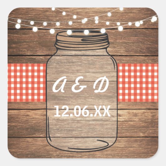 ジャー素朴イニシャルライト赤いジンガムのラベル スクエアシール (正面)