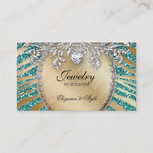 ジュエリーの名刺のシマウマのグリッターのティール（緑がかった色）の金ゴールド 名刺 (正面)