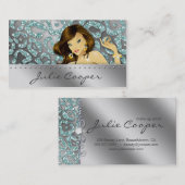 ジュエリーの名刺のティール(緑がかった色)の女性のヒョウの銀 名刺 (正面/裏面)