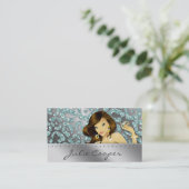 ジュエリーの名刺のティール(緑がかった色)の女性のヒョウの銀 名刺 (スタンド正面)