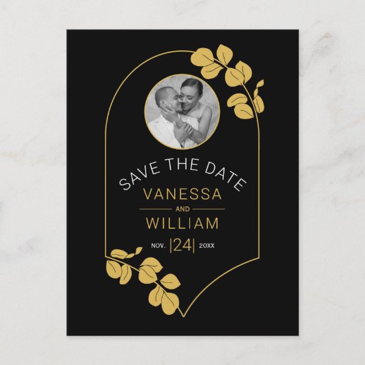 ジュエリーインスパイアフレームと葉の日付の保存 ポストカード (正面)