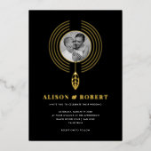 ジュエリーインスパイアフレーム、リーフおよび写真結婚の 箔招待状 (正面)