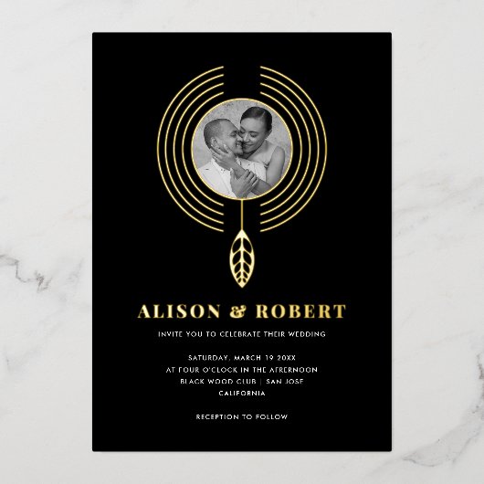 ジュエリーインスパイアフレーム、リーフおよび写真結婚の 箔招待状 (正面)