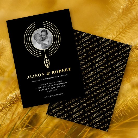 ジュエリーインスパイアフレーム、リーフおよび写真結婚の 箔招待状