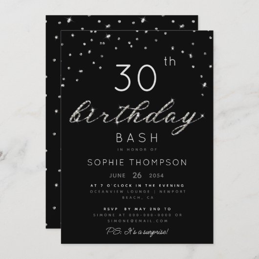 ジュエリーエレガントシックなスパークルグリッターバースデーパーティー 招待状 (正面/裏面)