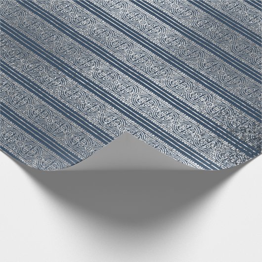 ジュエリーケルトオーナメントストライプズブルーネイビーシルバー ラッピングペーパー (角)