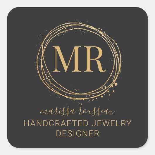 ジュエリーデザイナースクリプト金ゴールドブラック製品ラベル スクエアシール (正面)