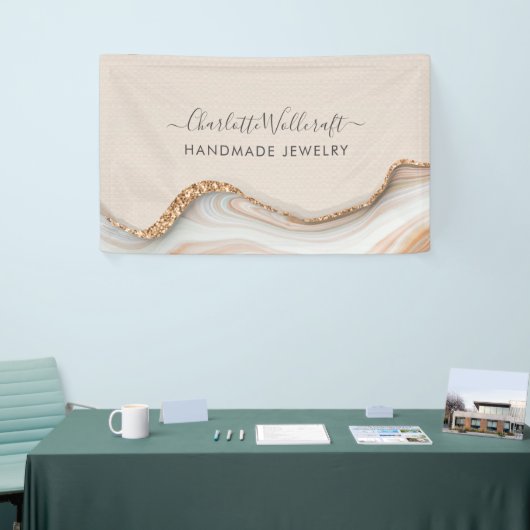 ジュエリーデザイナーピンク金ゴールドグリッター大理石瑪瑙 横断幕 (トレードショー)