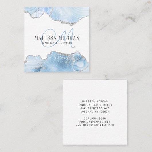 ジュエリーデザイナーブルーアゲートジオードモノグラム スクエア名刺 (正面/裏面)