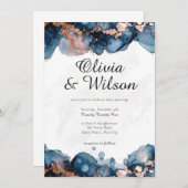 ジュエリートーンウェディング招待、ネイビーブルーとバラ金ゴールド 招待状 (正面/裏面)