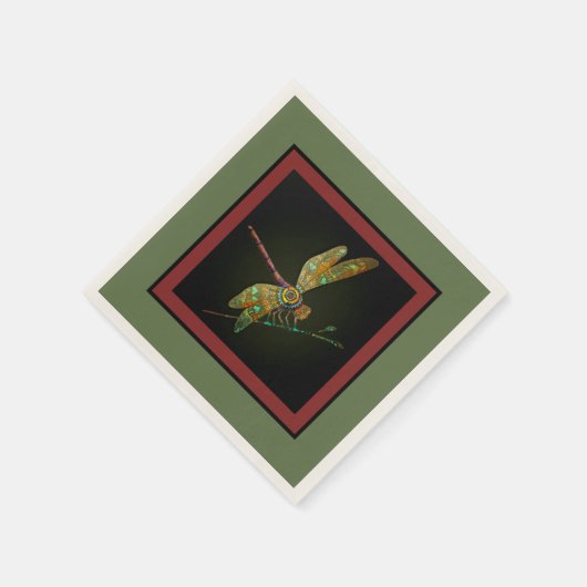 ジュエリートーンドラゴンフライがオリーブグリーンのマンダラに出会う スタンダードカクテルナプキン (角)