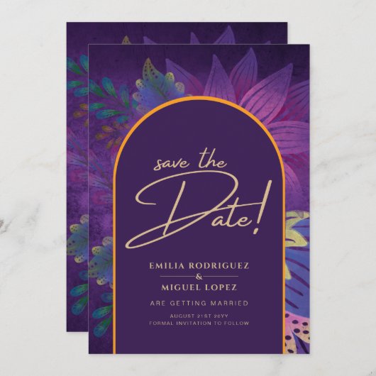 ジュエリートーンプラムパープルベリー結婚金ゴールド 招待状 (正面/裏面)