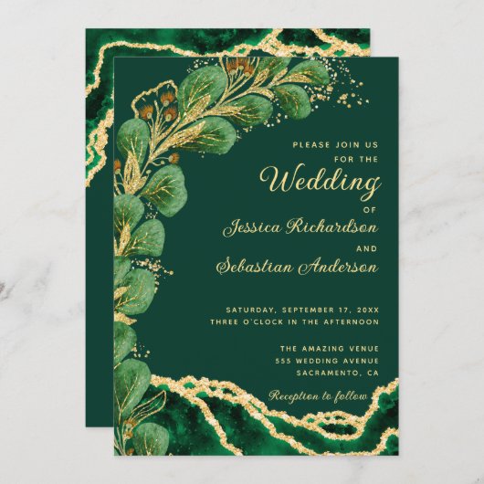 ジュエリートーンユーカリプトゥスエメラルドグリーン結婚アゲート 招待状 (正面/裏面)