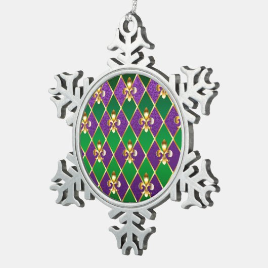 ジュエリーバックグラウンドマルディグラ スノーフレークピューターオーナメント (右)