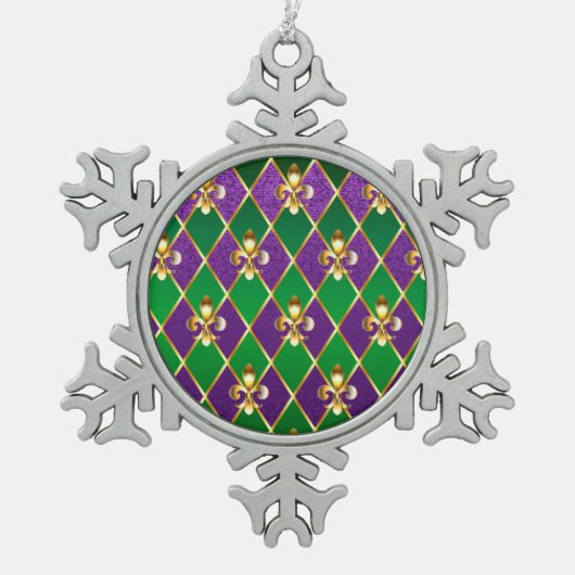 ジュエリーバックグラウンドマルディグラ スノーフレークピューターオーナメント (正面)