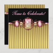 ジュエリーピンクブラック金ゴールド誕生日パーティー 招待状 (正面/裏面)