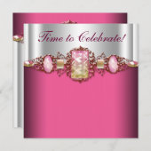 ジュエリーホットピンク金ゴールド誕生日パーティー 招待状 (正面/裏面)