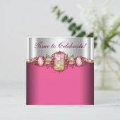 ジュエリーホットピンク金ゴールド誕生日パーティー 招待状 (スタンド正面)