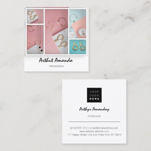 ジュエリーラグジュアリーグッズ真珠バラピンクホワイトフレーム スクエア名刺 (正面/裏面)