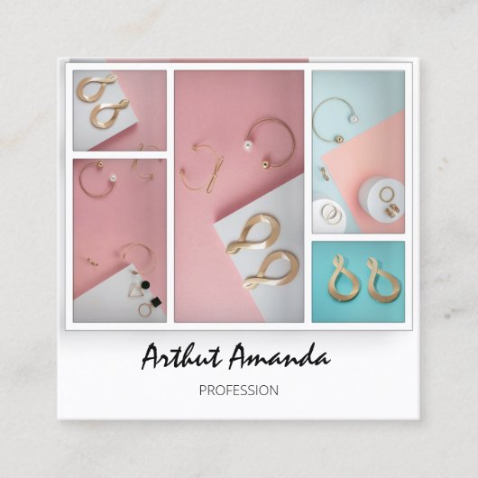 ジュエリーラグジュアリーグッズ真珠バラピンクホワイトフレーム スクエア名刺 (正面)