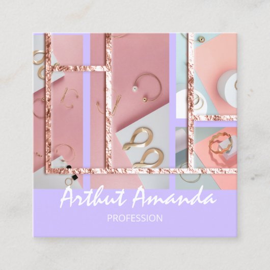 ジュエリーラグジュアリー金ゴールドパールバラピンクパープルフレーム スクエア名刺 (正面)