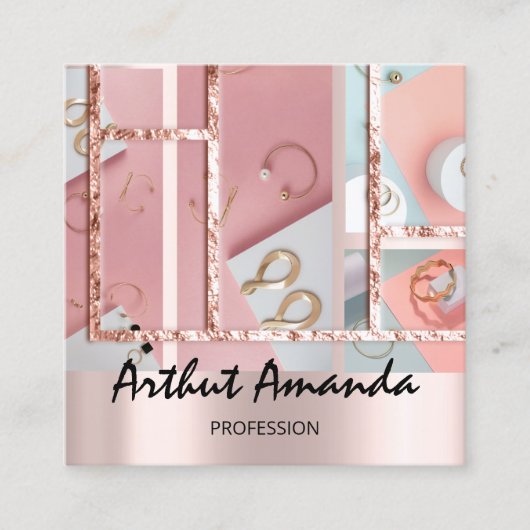 ジュエリーラグジュアリー金ゴールドパールバラピンクフォトフレーム スクエア名刺 (正面)