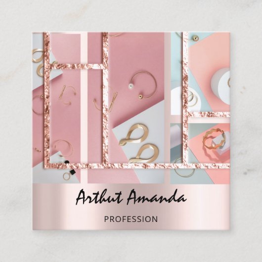 ジュエリーラグジュアリー金ゴールドパールバラピンクフォトQRコード スクエア名刺 (正面)