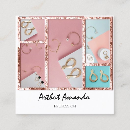 ジュエリーラグジュアリー金ゴールドパールバラピンクホワイトフレーム スクエア名刺 (正面)