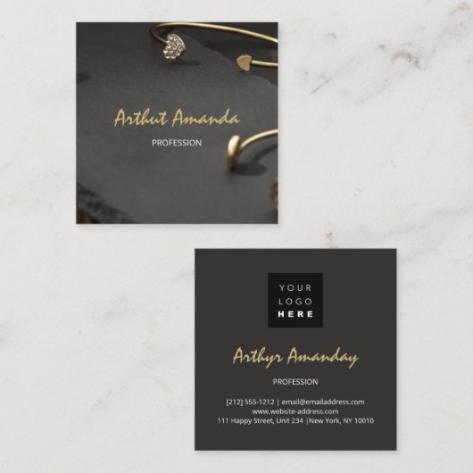 ジュエリーラグジュアリー金ゴールドモダンブラックピンク写真 スクエア名刺 (正面/裏面)